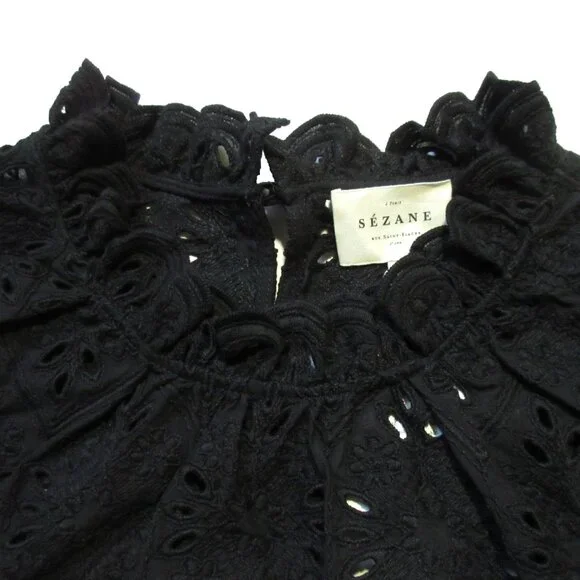 NWT Sezane Louisah Blouse in Noir Black Sheer Eyelet Ruffle Neck Top 46 US 14 - Picture 3 of 10